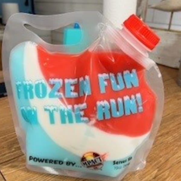 A red, white, and blue frozen drink pouch with "Frozen Fun on the Run!" text.