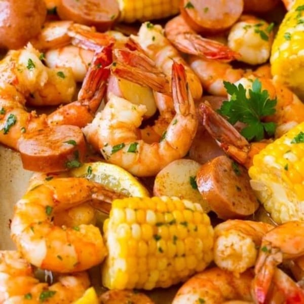 Krawfish Kai's seafood boil with shrimp, sausage, corn on the cob, and potatoes.